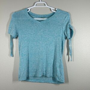 Silverwear Top Womens S Light Blue V Neck Short Sleeve Tie Sleeve Knit Heather